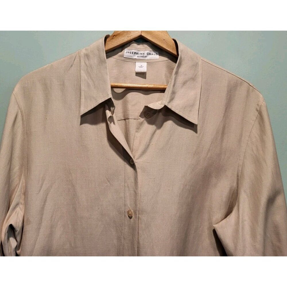 New Beige Silk Linen Long Sleeve Lightweight Button Up Top Sz 16 Minimalist - Picture 2 of 7